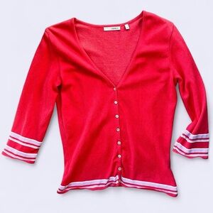 Laurie B. | Tomato and Multicolored Stripe Cardigan